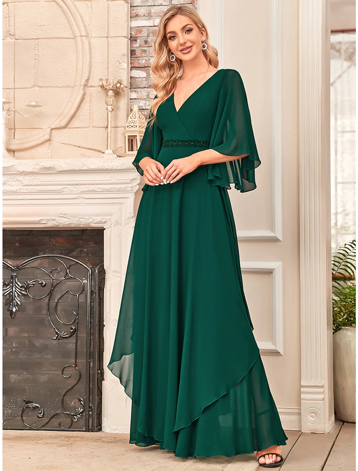 A-Line Mother of the Bride Dress Elegant V Neck Floor Length Chiffon Half Sleeve with Sash