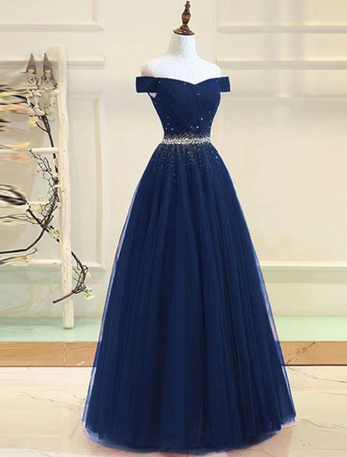 A-Line Evening Gown Party Dress Party Wear Floor Length Short Sleeve One Shoulder Tulle