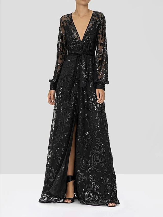 A-Line Mother of the Bride Dress Wedding Guest Elegant Sparkle & Shine V Neck Floor Length Lace Sequined Sleeve with Sequin Appliques Split Front