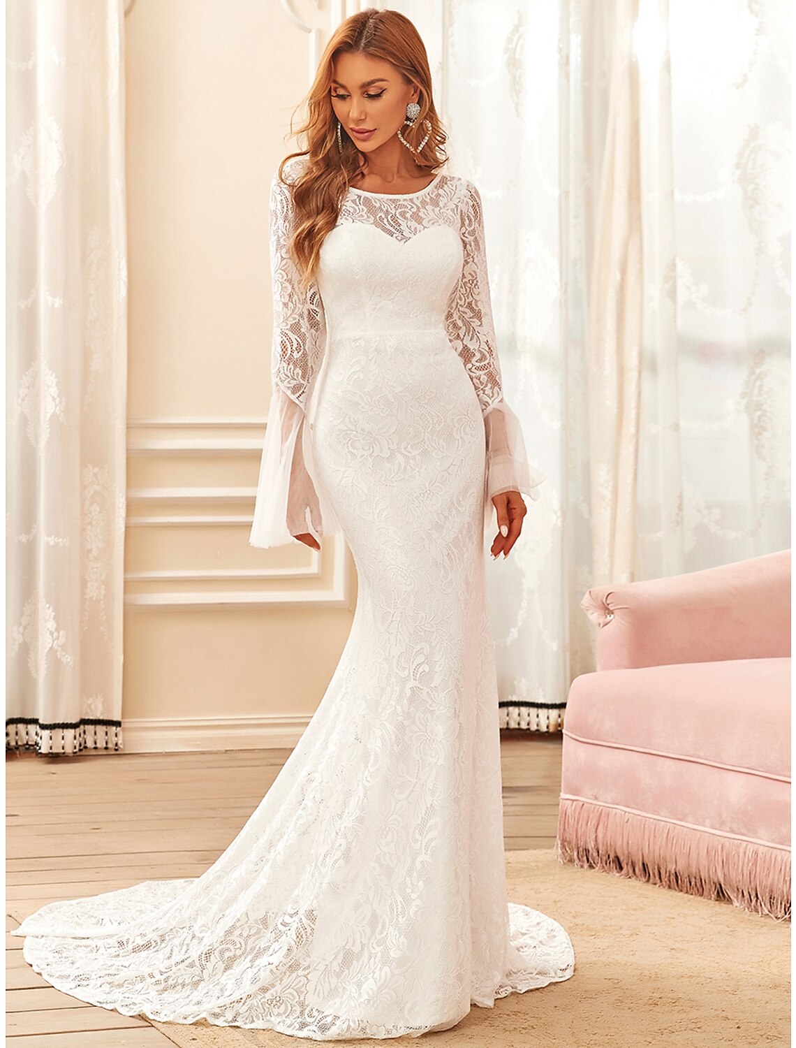 Reception Boho Wedding Dresses Mermaid / Trumpet Illusion Neck Long Sleeve Sweep / Brush Train Lace Bridal Gowns
