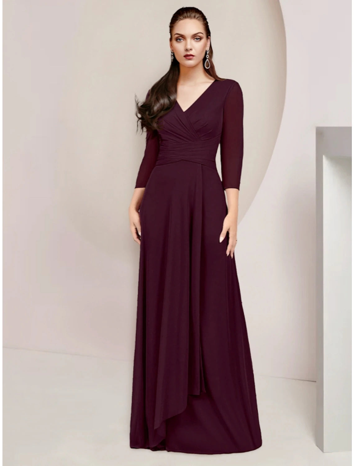 A-Line Mother of the Bride Dress Wedding Guest Elegant V Neck Floor Length Chiffon 3/4 Length Sleeve