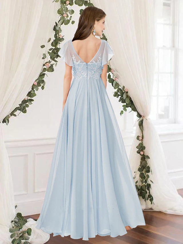 A-Line Bridesmaid Dress Scoop Neck Sleeveless Elegant Floor Length Chiffon with Pleats