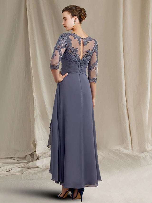 A-Line Mother of the Bride Dress Plus Size Elegant High Low Jewel Neck Asymmetrical Tea Length Chiffon Lace Half Sleeve with Ruched