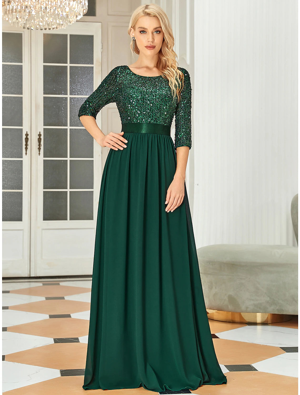 A-Line Mother of the Bride Dress Wedding Guest Plus Size Elegant Jewel Neck Floor Length Tulle Sequined 3/4 Length Sleeve