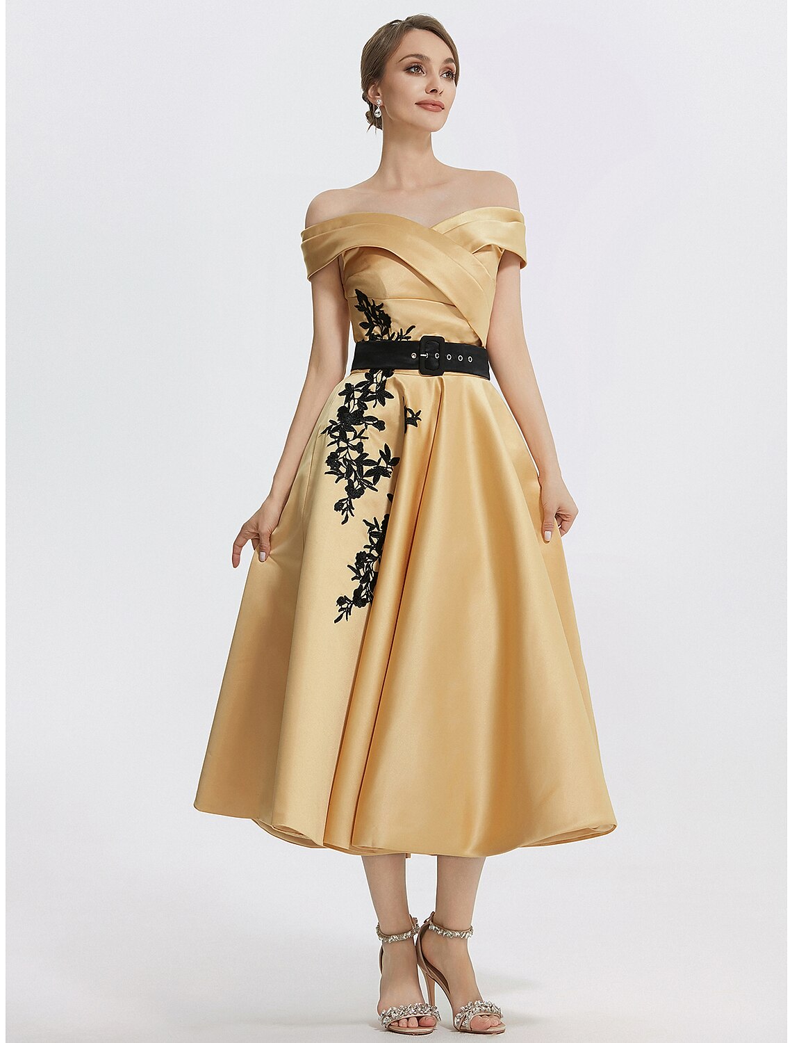 A-Line Cocktail Dresses Elegant Dress Formal Prom Tea Length Sleeveless Off Shoulder Satin