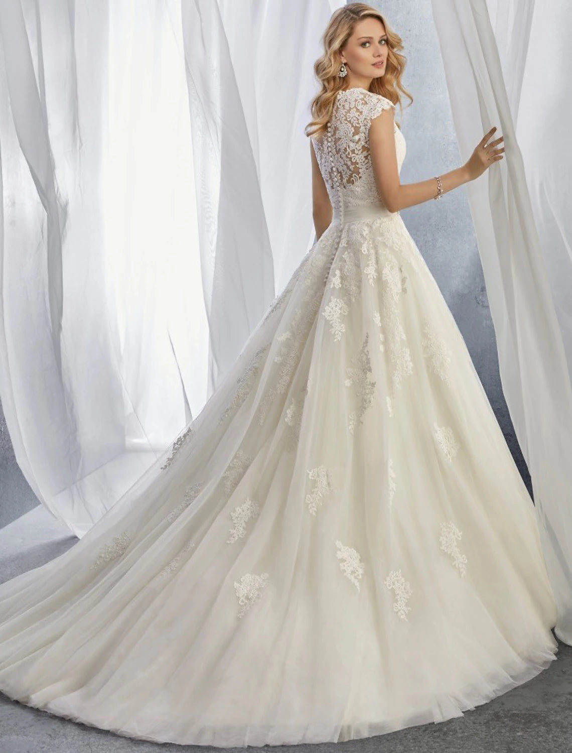 Engagement Formal Wedding Dresses Ball Gown Sweetheart Cap Sleeve Court Train Lace Bridal Gowns