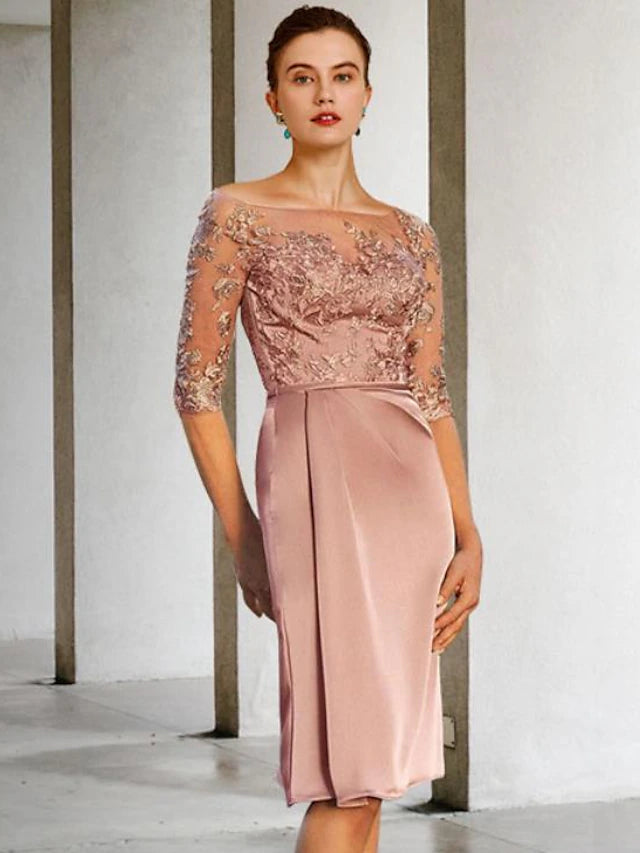 Sheath / Column Mother of the Bride Dress Vintage Elegant Jewel Neck Knee Length Lace Charmeuse Half Sleeve with Appliques