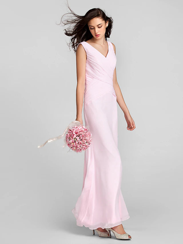 Sheath / Column Bridesmaid Dress V Neck Sleeveless Floor Length Chiffon with Criss Pure Color Pure Color Cross