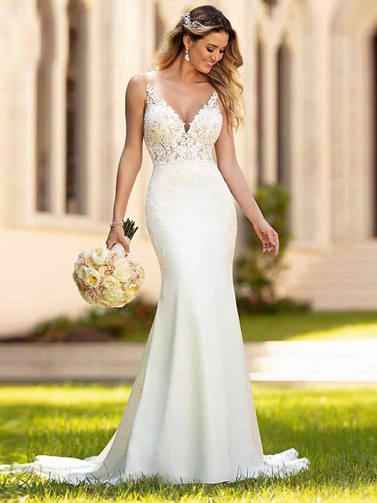Engagement Open Back Sexy Formal Wedding Dresses Court Train Mermaid / Trumpet Sleeveless V Neck Crepe