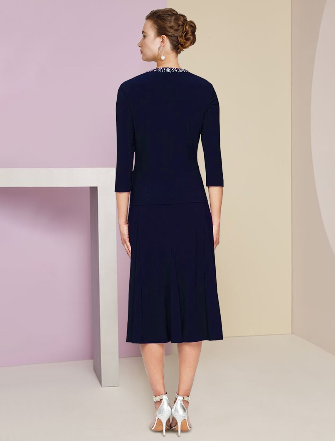 A-Line Mother of the Bride Dress Wedding Guest Elegant Petite Jewel Neck Knee Length Stretch Fabric 3/4 Length Sleeve with Pleats