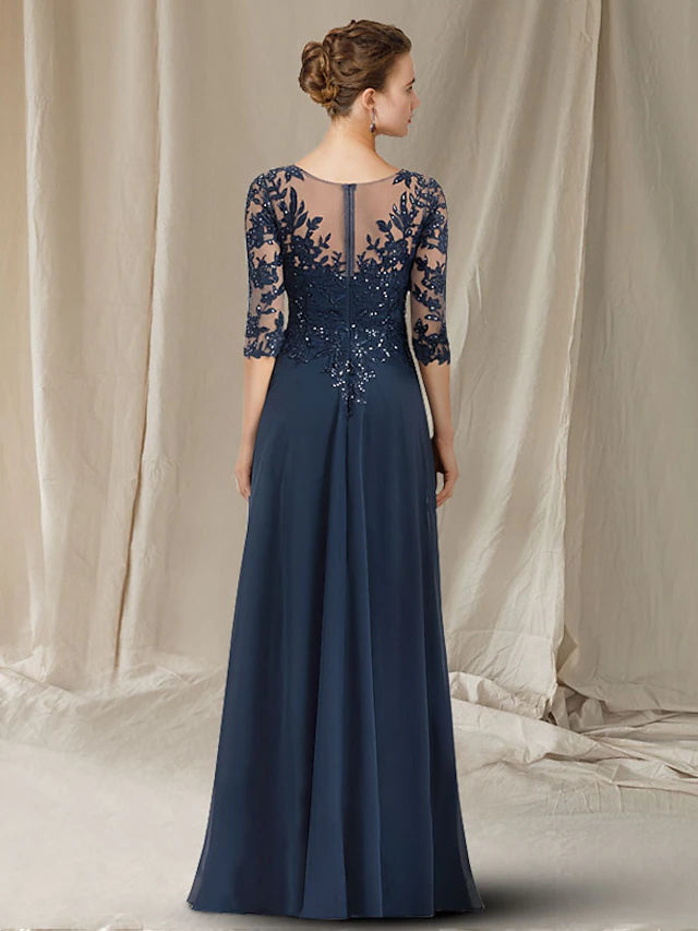 A-Line Mother of the Bride Dress Elegant V Neck Floor Length Chiffon Lace Sequined Half Sleeve