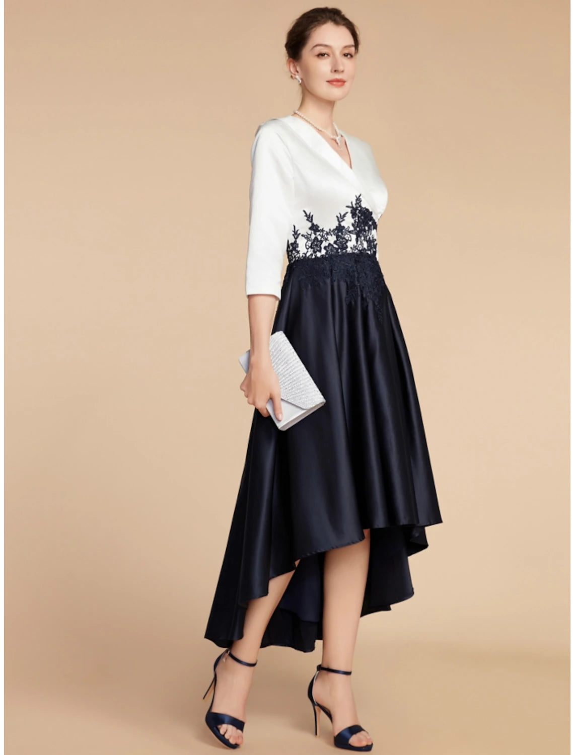 A-Line Mother of the Bride Dress Wedding Guest Elegant Petite V Neck Asymmetrical Satin Lace Half Sleeve