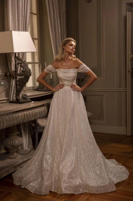 Elegant Wedding Dress Off The Shoulder A Line Sparkly Bridal Dress Floor Length