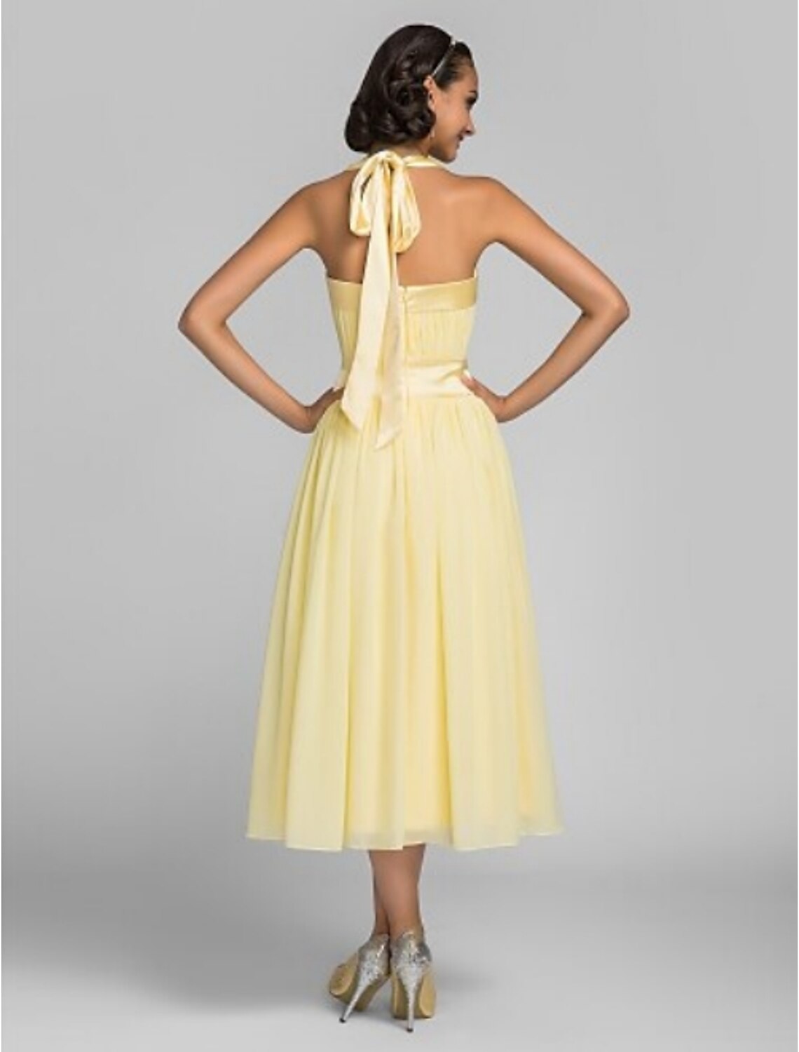 A-Line Halter Tea Length Chiffon Stretch Satin Bridesmaid Dress with Draping