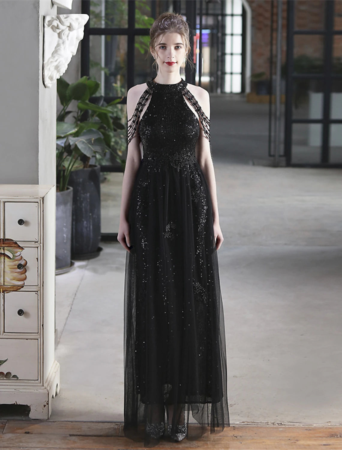 A-Line Prom Dresses Sparkle & Shine Dress Party Wear Floor Length Short Sleeve High Neck Polyester with Sequin