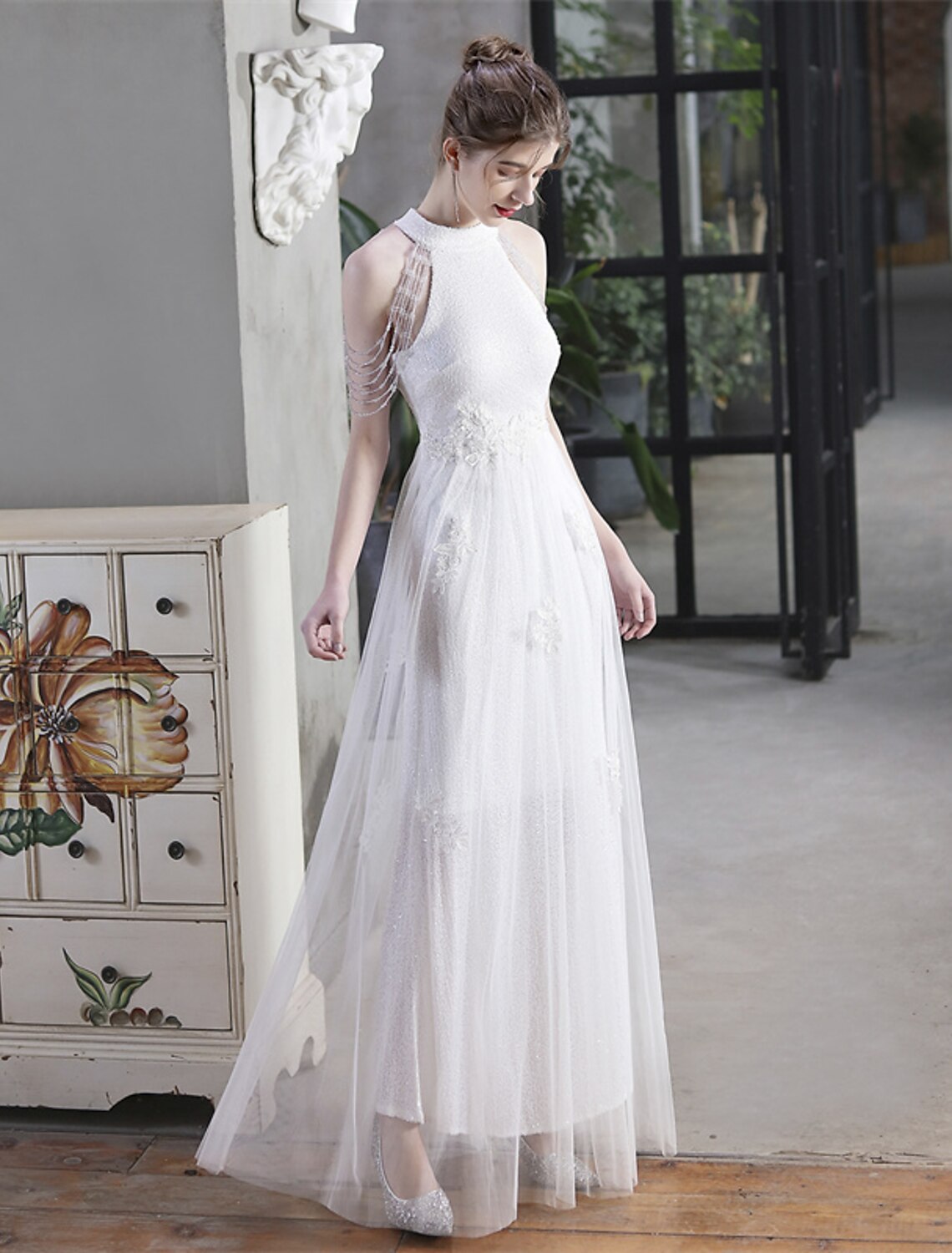 A-Line Prom Dresses Sparkle & Shine Dress Party Wear Floor Length Short Sleeve High Neck Polyester with Sequin