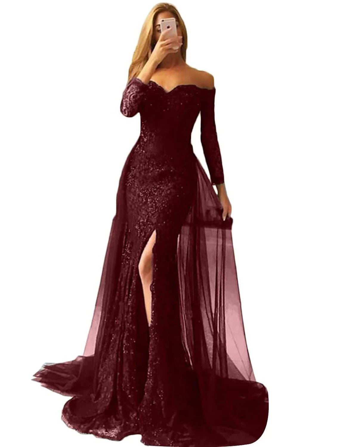 Mermaid Evening Gown Floral Carnival Dress Formal Wedding Sweep / Brush Train Long Sleeve Off Shoulder Fall Wedding Reception Chiffon