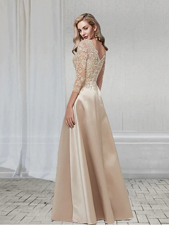 A-Line Elegant Wedding Guest Formal Evening Dress V Neck 3/4 Length Sleeve Floor Length Chiffon