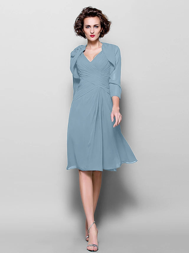 A-Line Mother of the Bride Dress Wrap Included V Neck Knee Length Chiffon 3/4 Length Sleeve with Criss Cross Side Draping