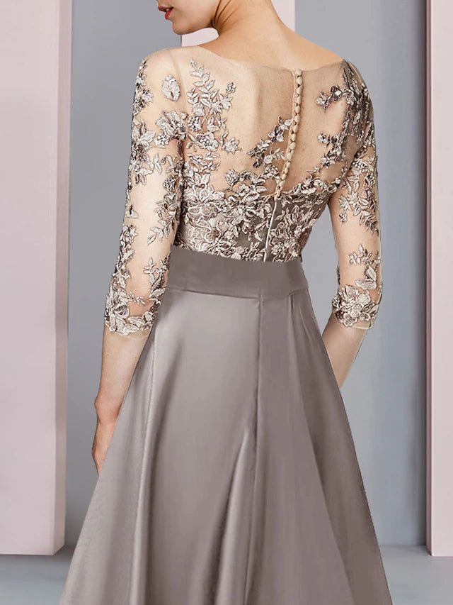 A-Line Mother of the Bride Dress Wedding Guest Party Elegant Scoop Neck Tea Length Satin Lace Half Sleeve