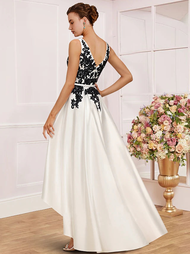 A-Line Mother of the Bride Dress Wedding Guest Party Elegant V Neck Asymmetrical Satin Lace Sleeveless