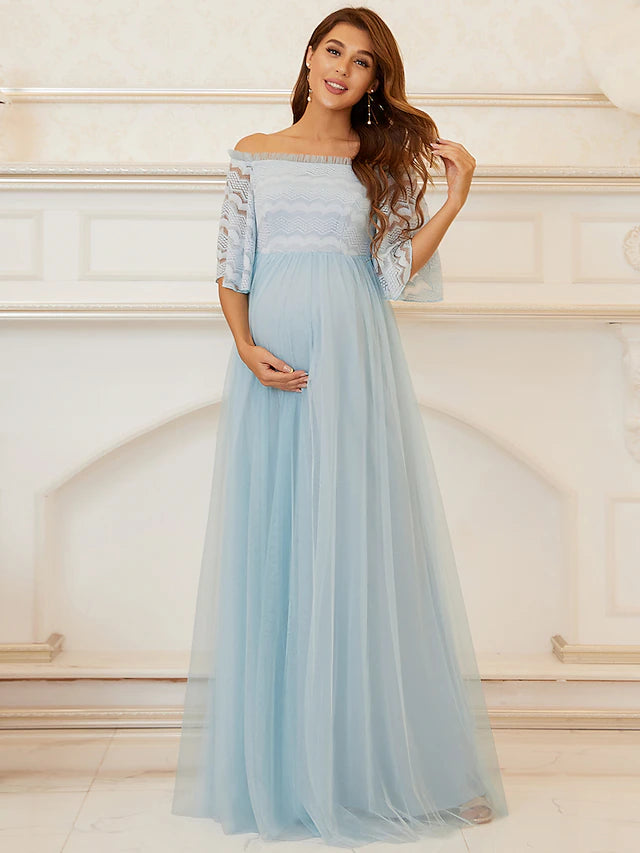 A-Line Mother of the Bride Dress Maternity Elegant Off Shoulder Floor Length Lace Tulle Sleeveless with Tier Beautiful