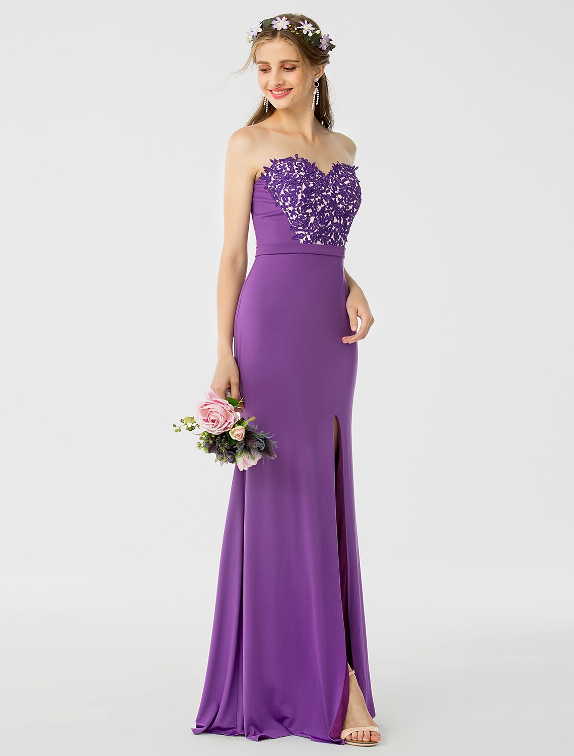 Sheath / Column Bridesmaid Dress Sweetheart Sleeveless Open Back Floor Length Jersey / Floral Lace with Sash / Ribbon / Appliques