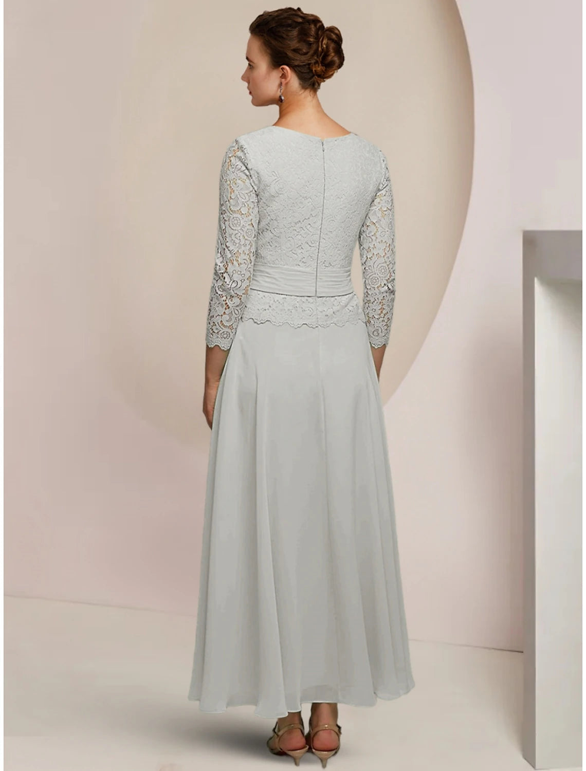 A-Line Mother of the Bride Dress Wedding Guest Elegant Jewel Neck Ankle Length Chiffon Long Sleeve
