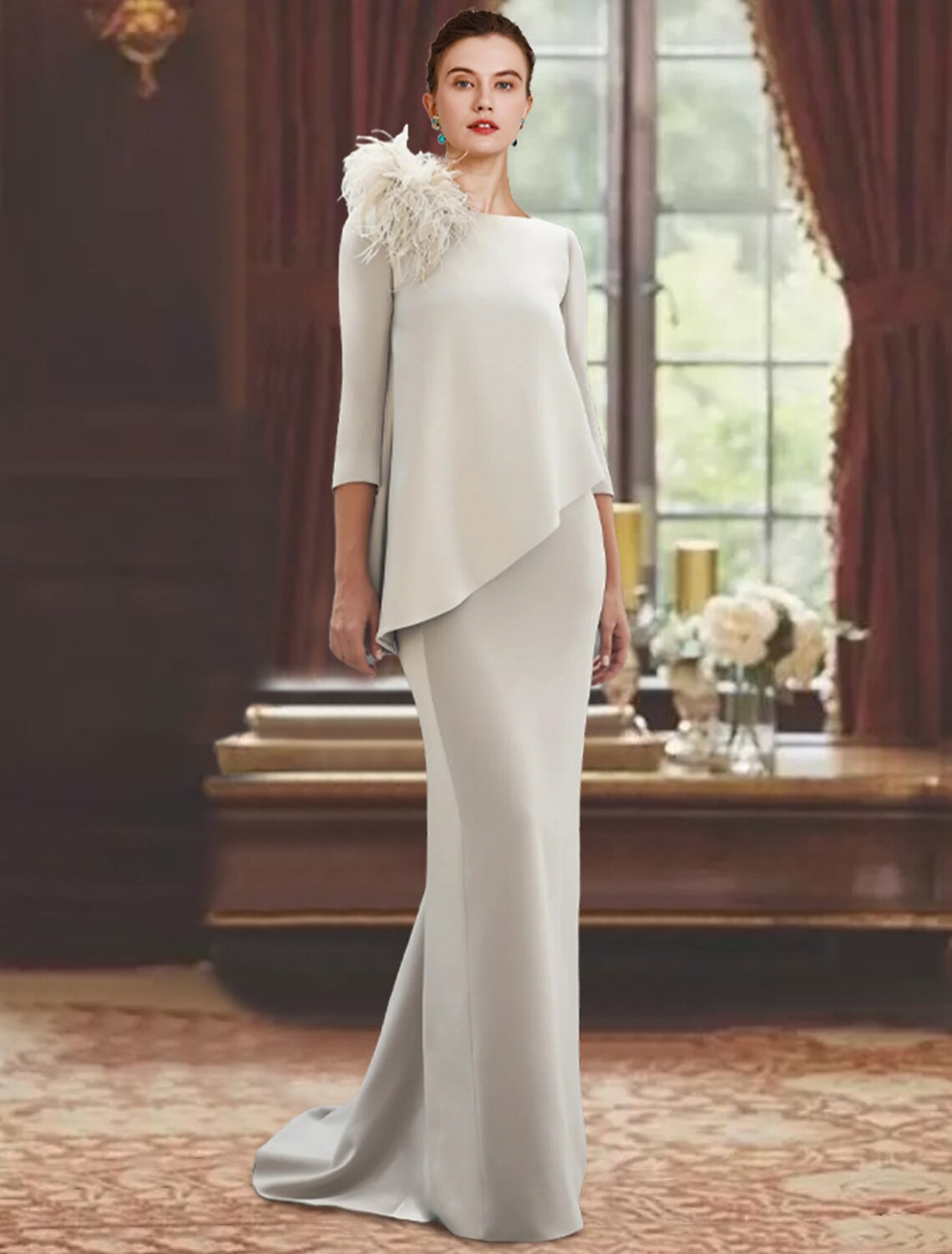 Sheath / Column Mother of the Bride Dress Formal Wedding Guest Elegant Scoop Neck Sweep / Brush Train Stretch Fabric 3/4 Length Sleeve