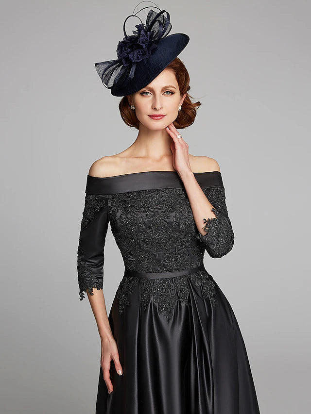 A-Line Mother of the Bride Dress Plus Size Sexy Off Shoulder Tea Length Satin Lace 3/4 Length Sleeve