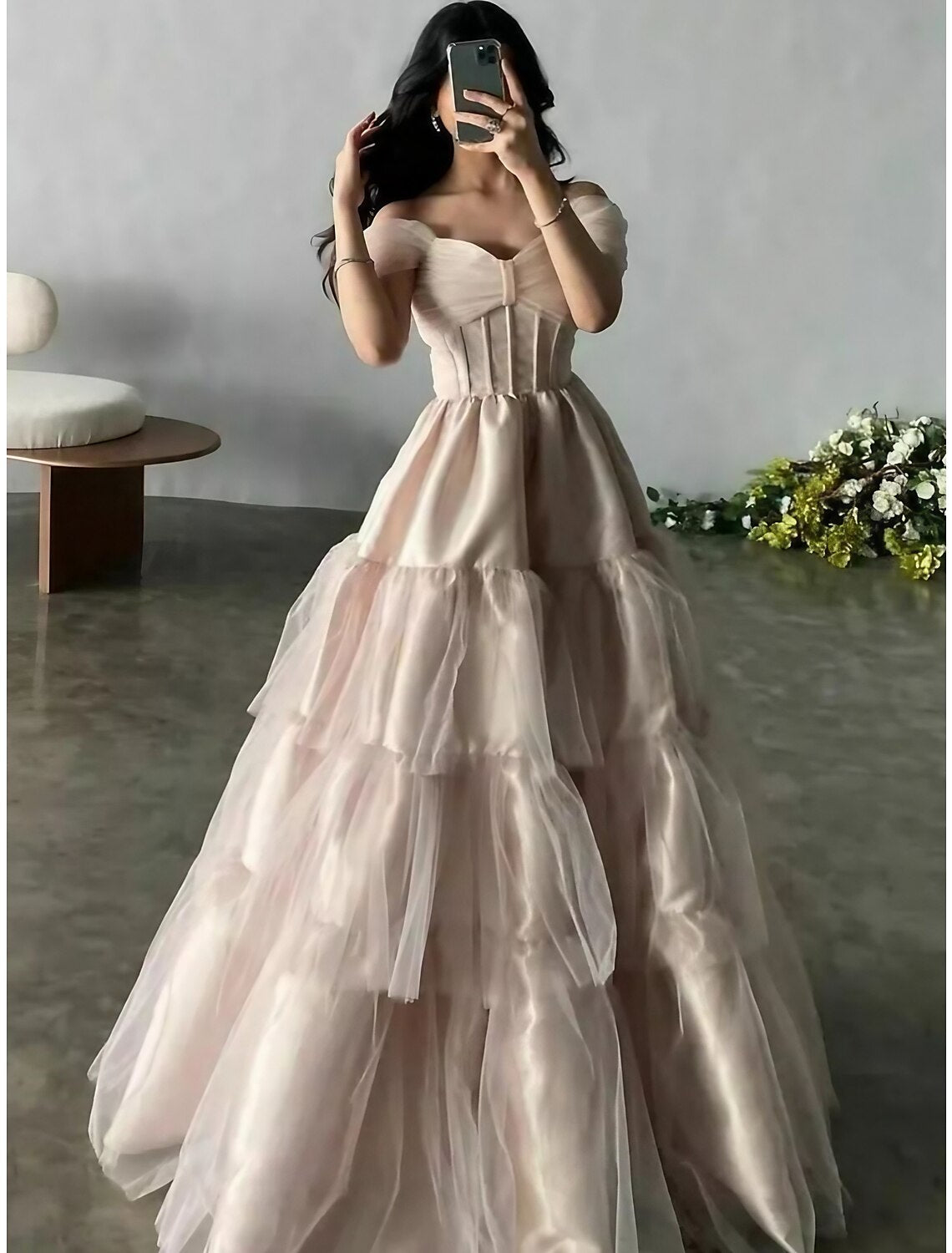 A-Line Evening Gown Princess Dress Formal Floor Length Short Sleeve Off Shoulder Satin