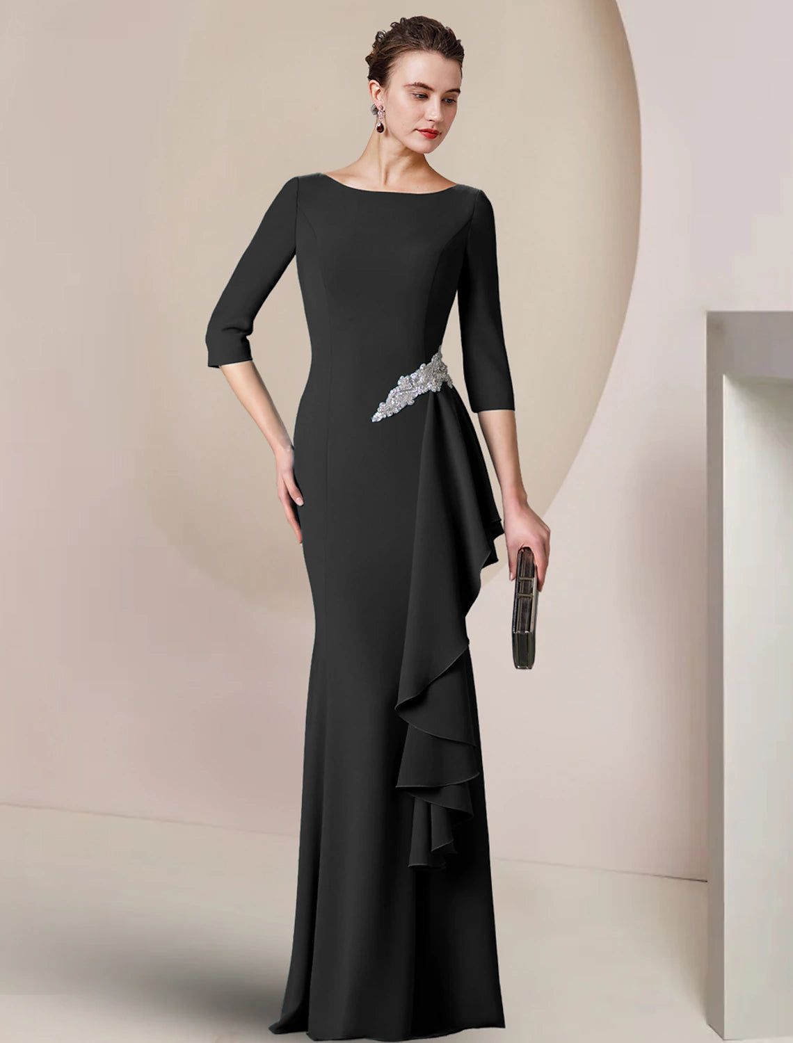 Sheath / Column Mother of the Bride Dress Wedding Guest Party Elegant Scoop Neck Floor Length Stretch Fabric 3/4 Length Sleeve with Crystal