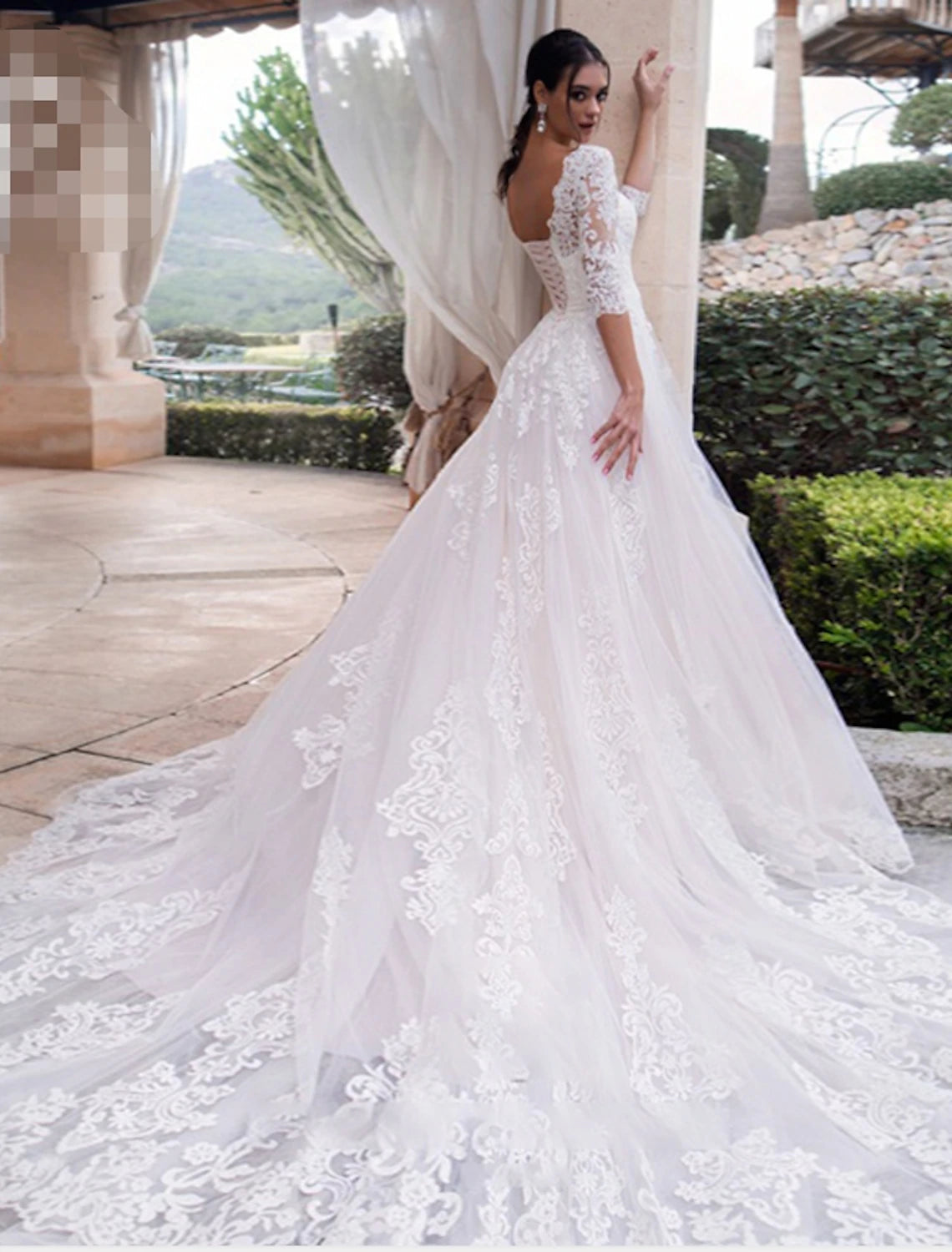 Engagement Formal Wedding Dresses Ball Gown Illusion Neck 3/4 Length Sleeve Court Train Lace Bridal Gowns