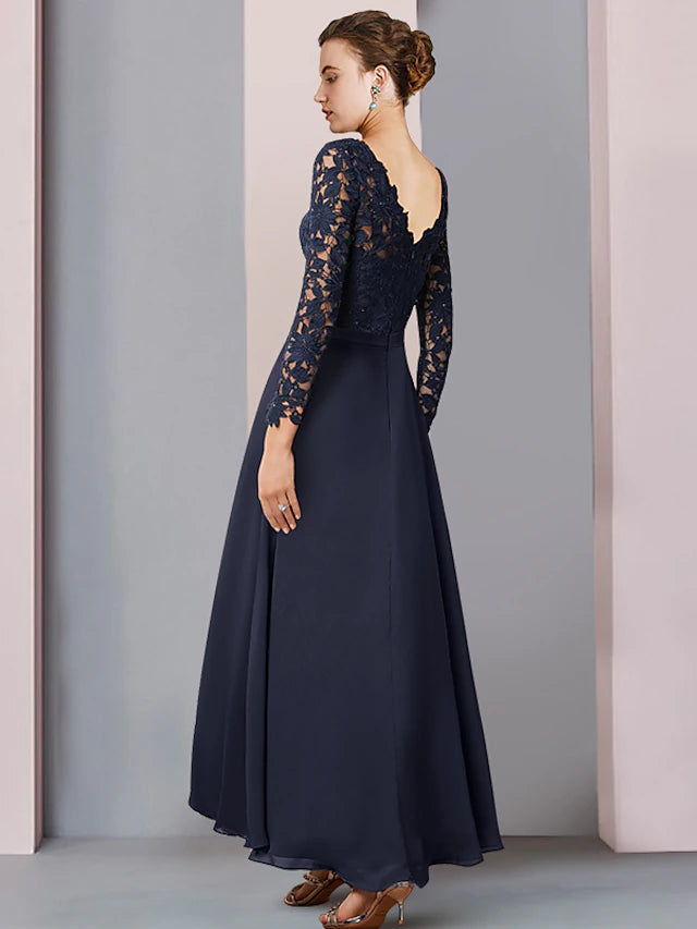 Sheath / Column Mother of the Bride Dress Wedding Guest Vintage Elegant V Neck Asymmetrical Chiffon Lace Long Sleeve
