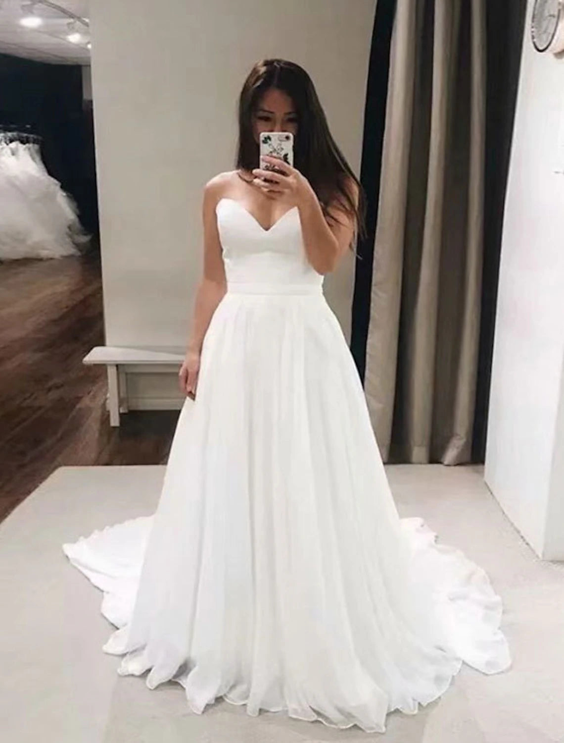 Reception Casual Formal Wedding Dresses A-Line Sweetheart Strapless Court Train Chiffon Bridal Gowns