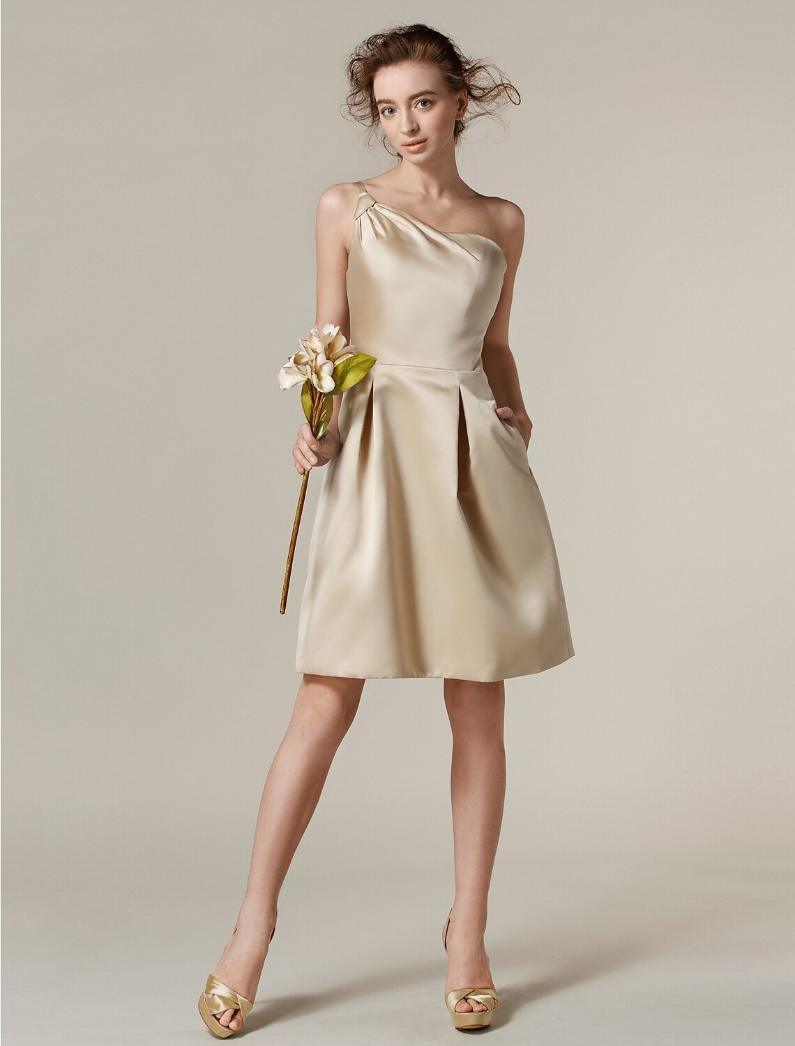 A-Line One Shoulder Knee Length Satin Bridesmaid Dress with Draping