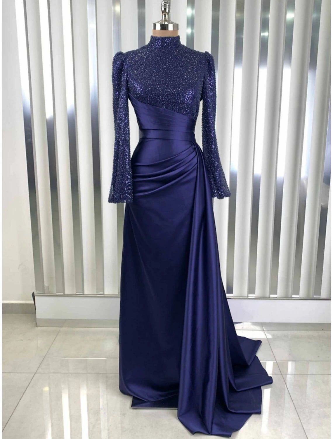 A-Line Evening Gown Champagne Christmas Elegant Dress Formal Sweep / Brush Train Long Sleeve High Neck Satin with Glitter