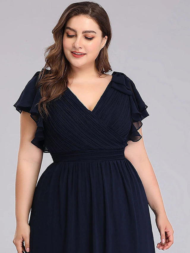 A-Line Mother of the Bride Dress Plus Size V Neck Floor Length Chiffon Short Sleeve with Ruffles