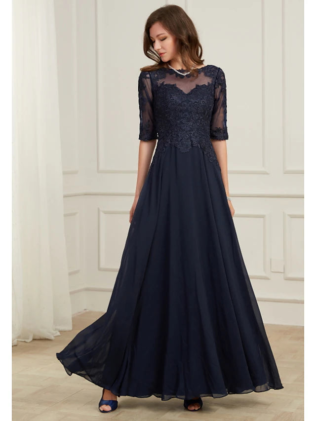 A-Line Elegant Wedding Guest Formal Evening Dress Jewel Neck Half Sleeve Floor Length Tulle