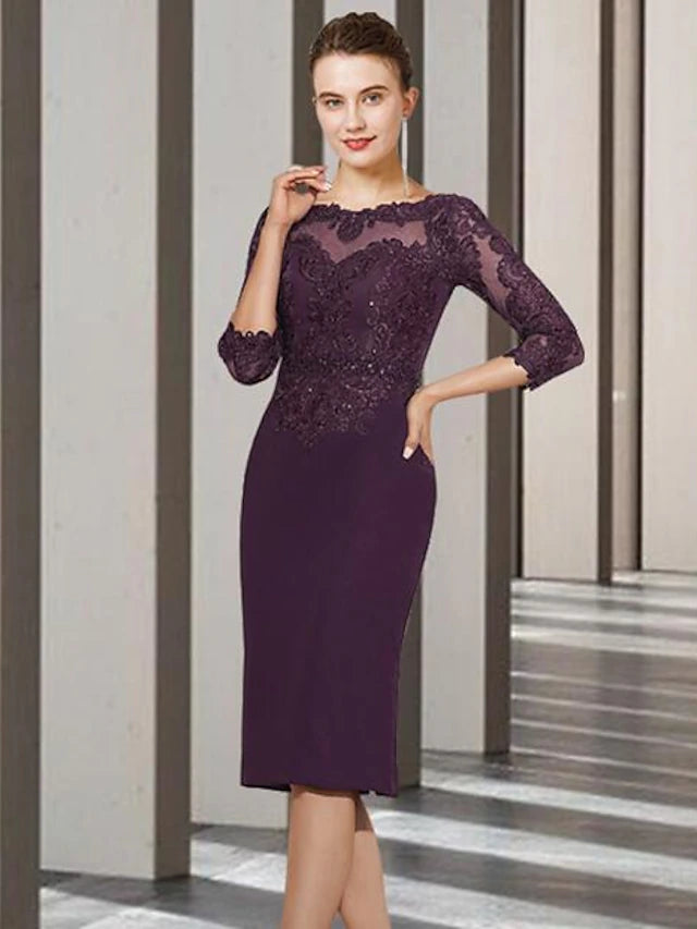 Two Piece A-Line Mother of the Bride Dress Church Elegant Jewel Neck Knee Length Chiffon Lace 3/4 Length Sleeve Jacket Dresses