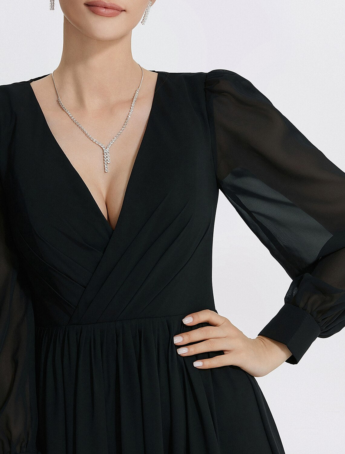 A-Line Evening Gown Elegant Dress Formal Floor Length Long Sleeve V Neck Chiffon
