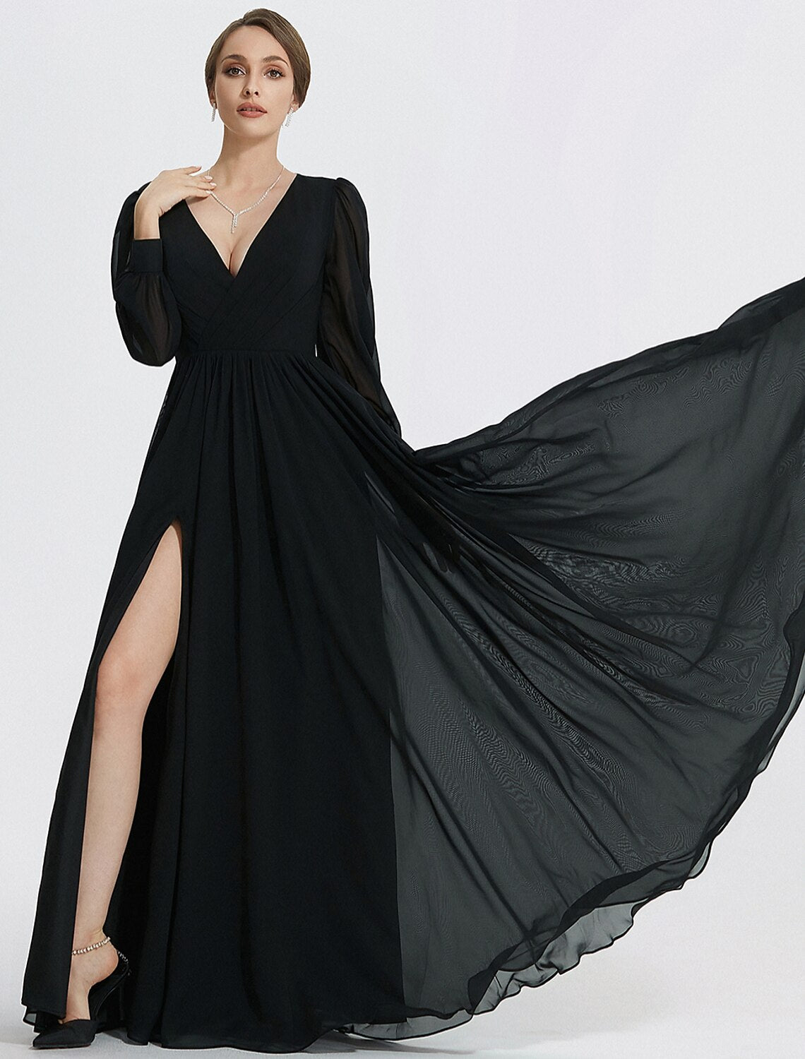 A-Line Evening Gown Elegant Dress Formal Floor Length Long Sleeve V Neck Chiffon