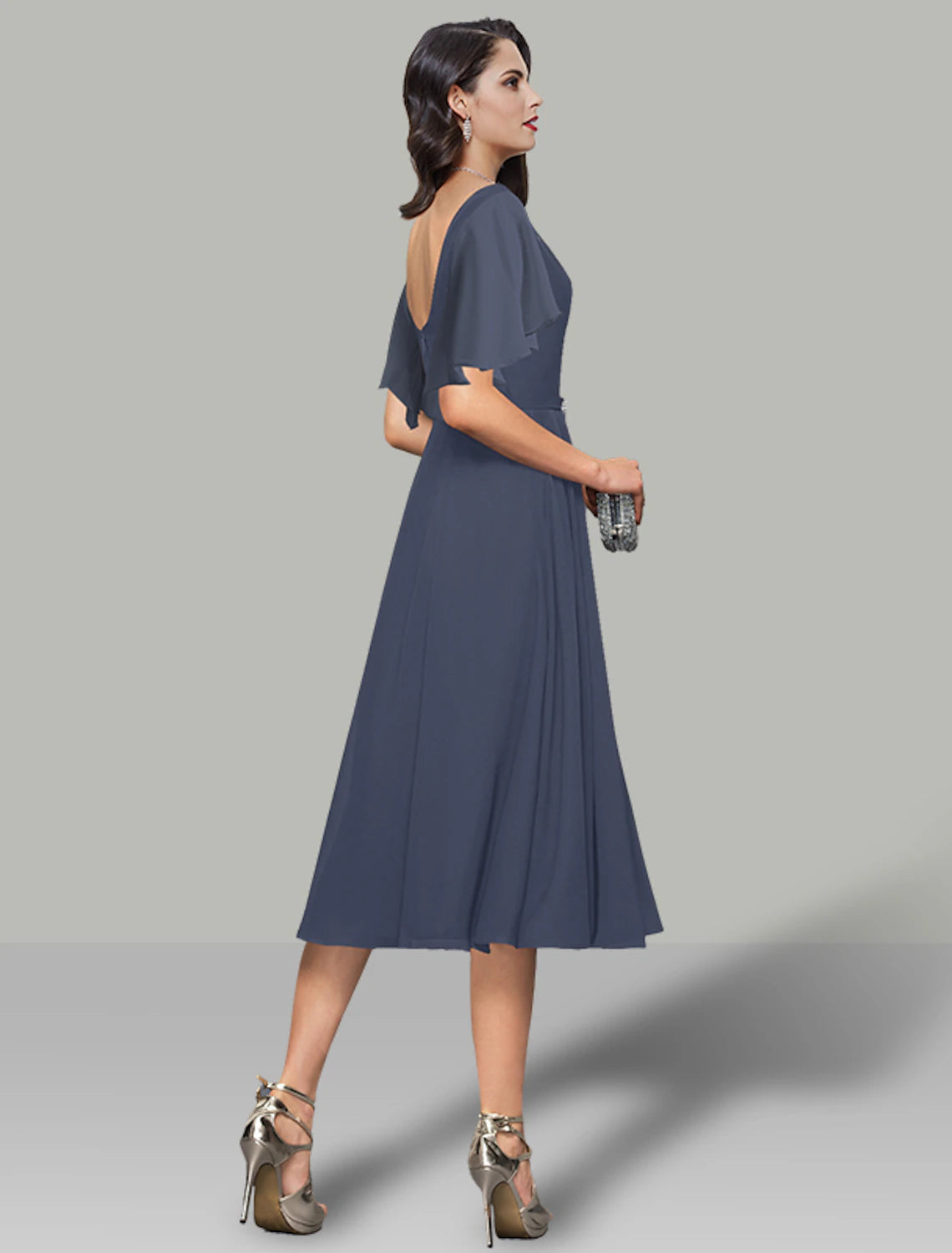 A-Line Wedding Guest Dresses Elegant Dress Cocktail Party Kentucky Derby Tea Length Short Sleeve Cowl Neck Belt / Sash Chiffon