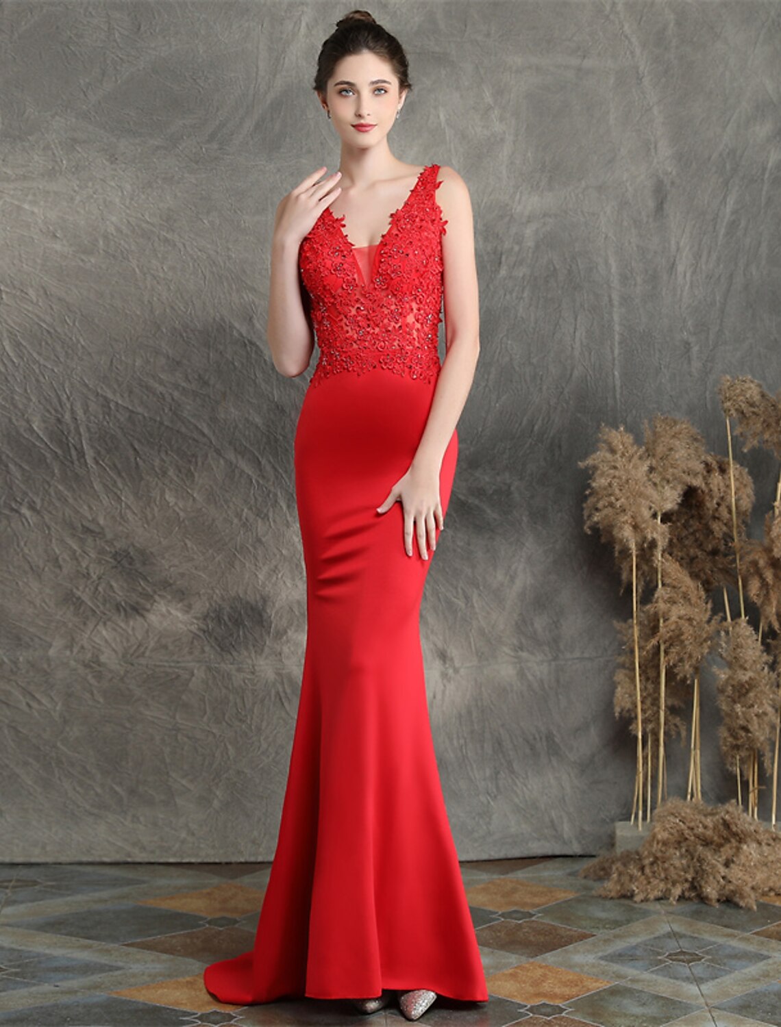 Mermaid / Trumpet Evening Gown Open Back Dress Formal Wedding Guest Sweep / Brush Train Sleeveless V Neck Cotton Blend with Beading