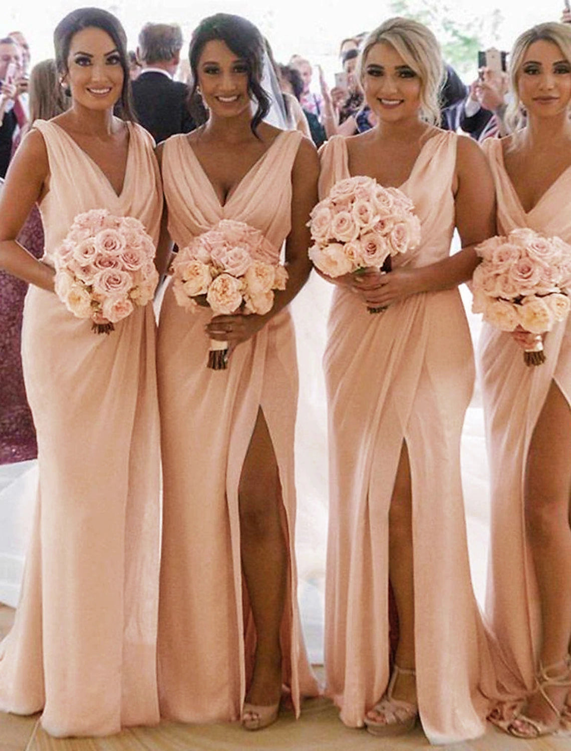 Mermaid / Trumpet Bridesmaid Dress V Neck Sleeveless Elegant Sweep / Brush Train Chiffon with Pleats / Split Front