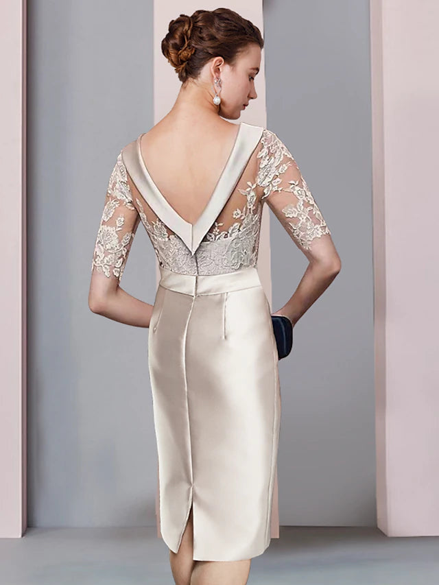 Sheath / Column Mother of the Bride Dress Wedding Guest Elegant Scoop Neck Knee Length Satin Lace Half Sleeve with Bow(s)