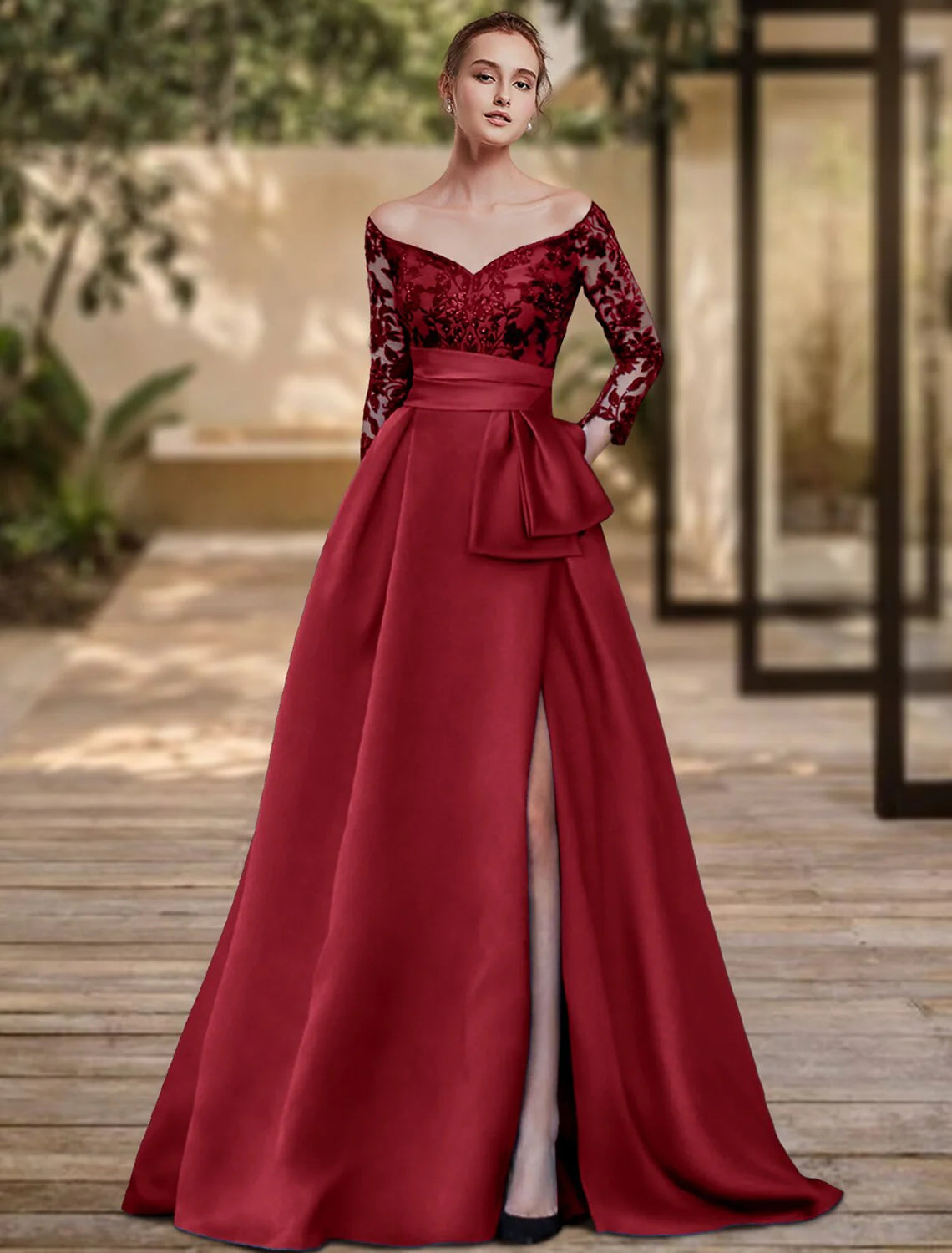 Sheath / Column Evening Gown High Split Dress Formal Wedding Guest Sweep / Brush Train 3/4 Length Sleeve Off Shoulder Charmeuse with Bow(s)