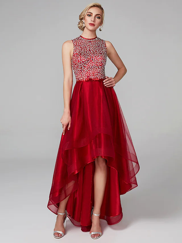 A-Line Sparkle & Shine Dress Wedding Guest Asymmetrical Sleeveless Jewel Neck Satin with Bow(s)