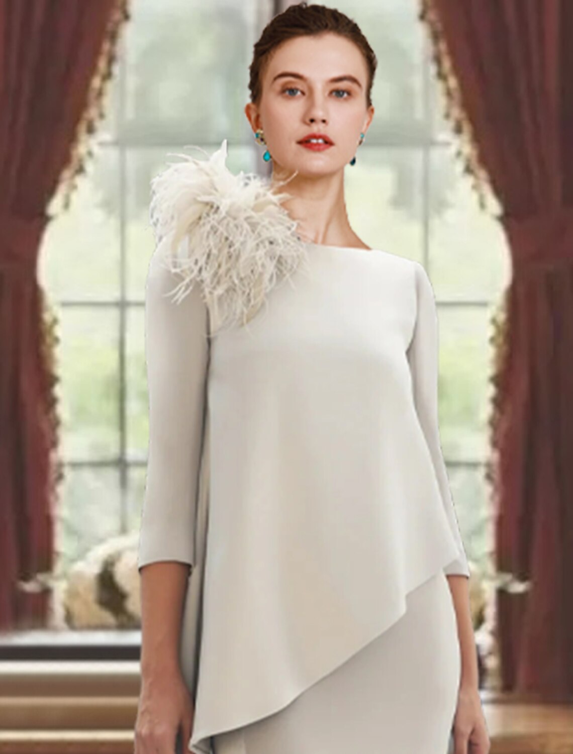Sheath / Column Mother of the Bride Dress Formal Wedding Guest Elegant Scoop Neck Sweep / Brush Train Stretch Fabric 3/4 Length Sleeve
