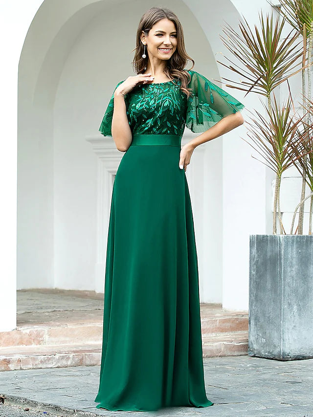 A-Line Prom Dresses Empire Dress Evening Party Floor Length Short Sleeve Jewel Neck Chiffon V Back